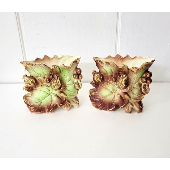 Vintage Other - Vintage Pomegranate and Leaves Design Ceramic Vases Set of Two